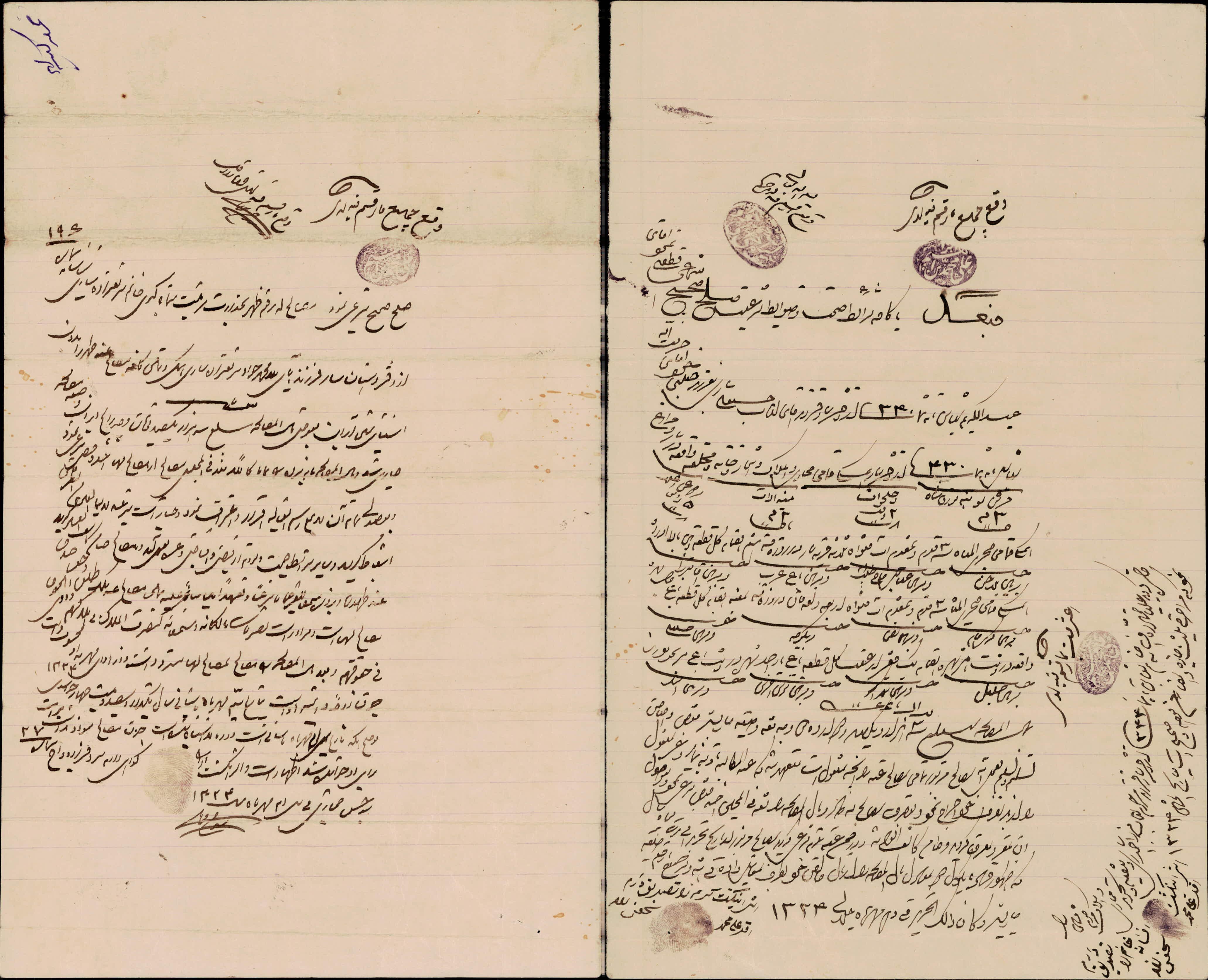 صلح نامه آب  و زمین عبدالکریم شبانی فرزند حسینعتلی ساری ب هفرزند خود حرمت الله شبانی