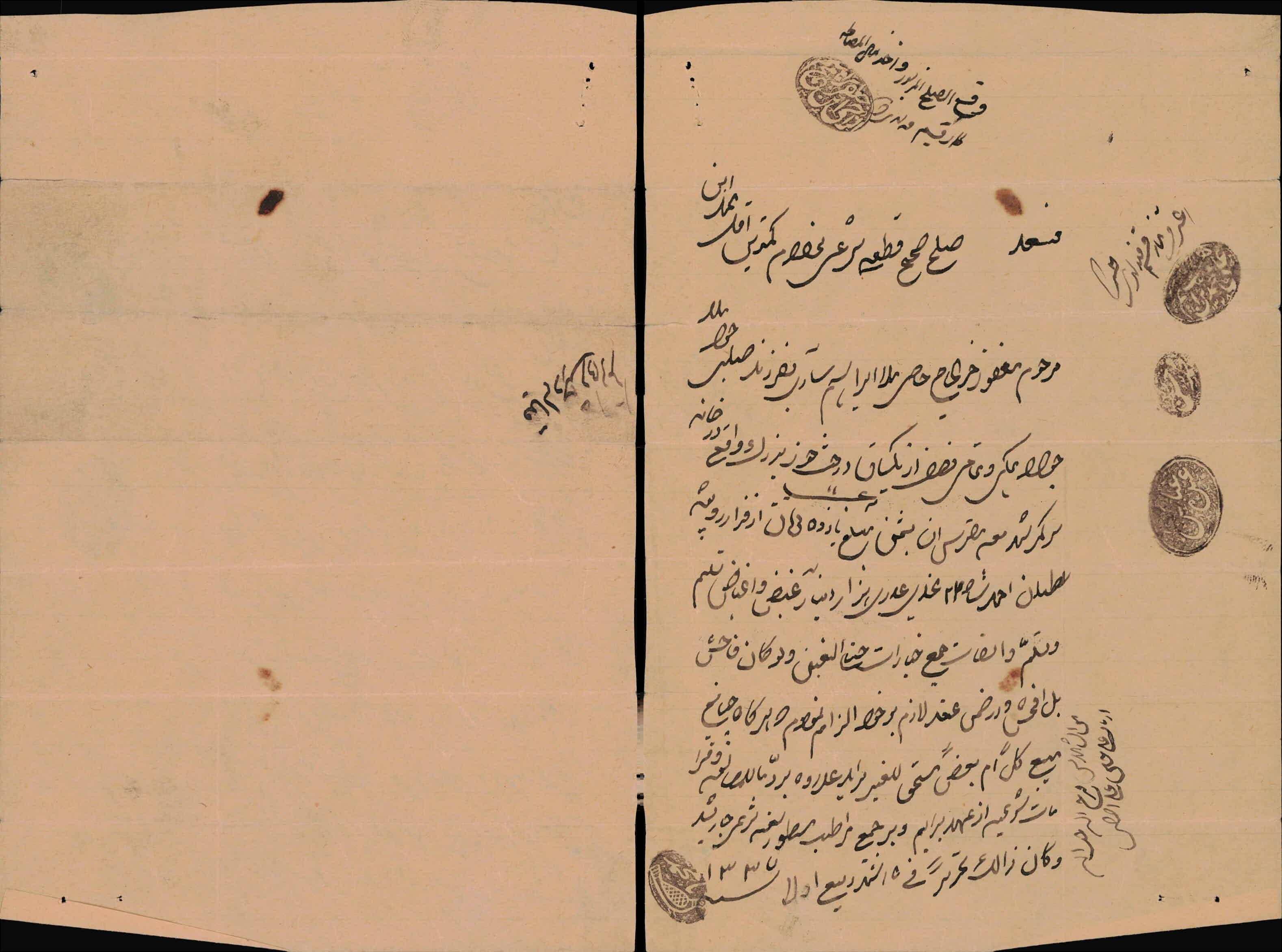 صلح نامه یک درخت جوز واقع در خانه سرکمر ملامحمد پسر ملاابراهیم ساری به فرزند خود ملاجواد